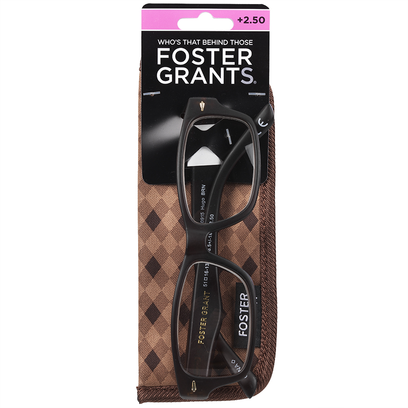 Foster Grant Hugo Brown Reading Glasses with Case - 2.50