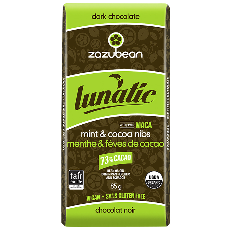 Zazubean Lunatic Dark Chocolate Bar - Mint and Cocoa Nibs - 85g