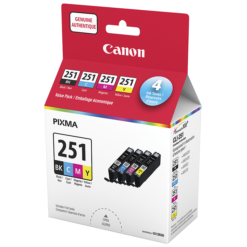 Canon CLI-251 CMYK Value Pack Ink Cartridges - Black/Cyan/Magenta/Yellow - 6513B009
