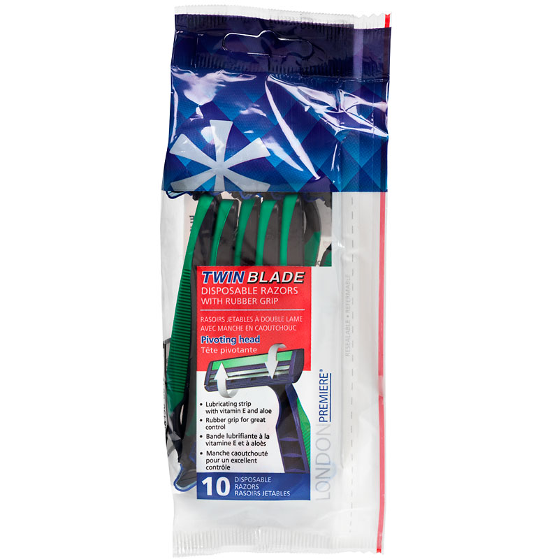 LONDON Premiere Twin Blade Disposable Razors with Rubber Grip - 10s