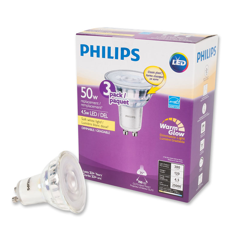 Philips LED GU10 Lightbulb - Warm Glow - 4.5w/3 pack