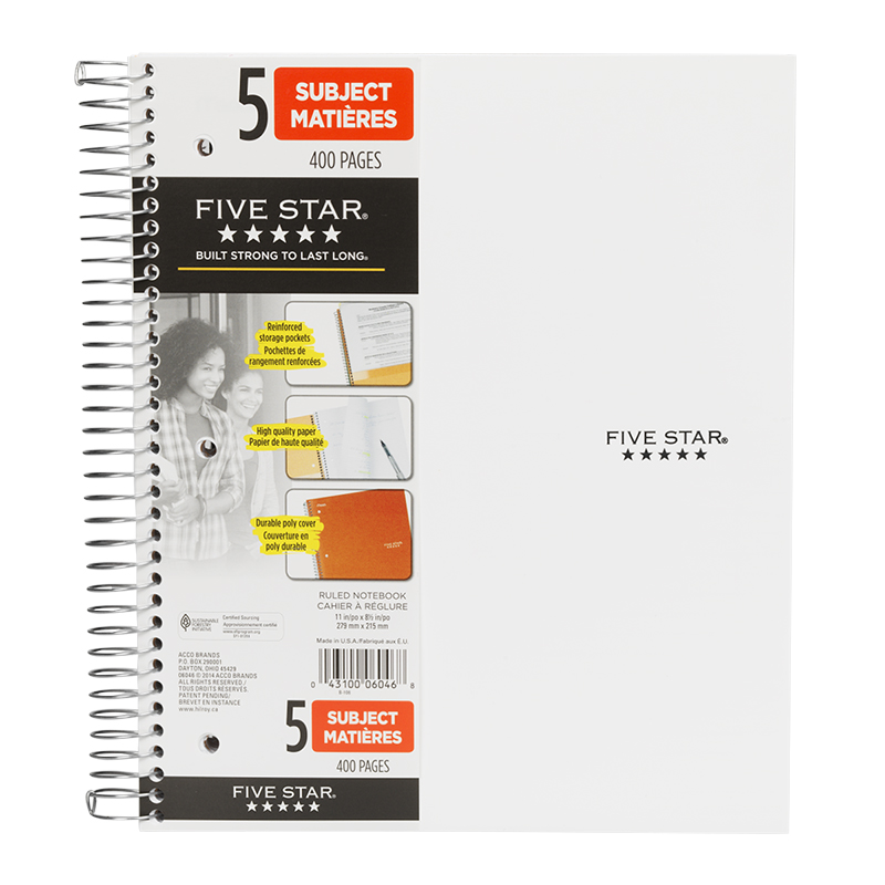 Mead Five Star Five Subject Notebook - Assorted - 400 pages