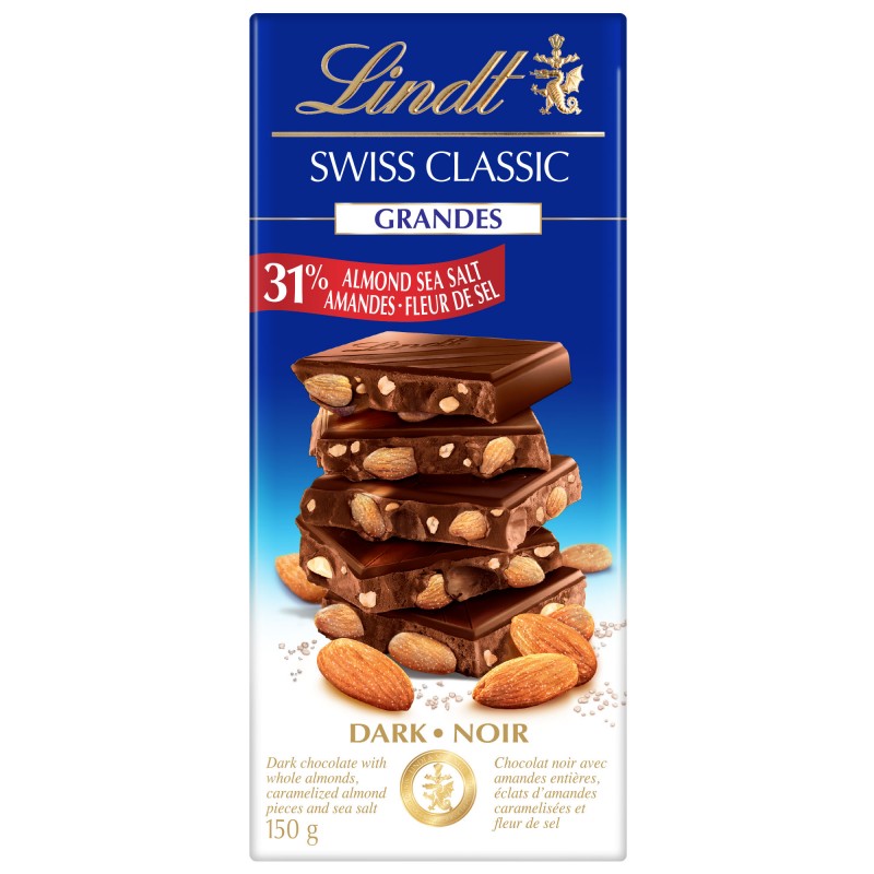 Lindt Swiss Classic Grandes Dark Chocolate Bar - 31% Almond Sea Salt - 150g