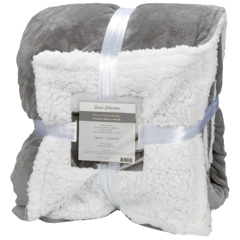 Swiss Collection Flannel Sherpa Blanket - Grey/White - 90x90 inch