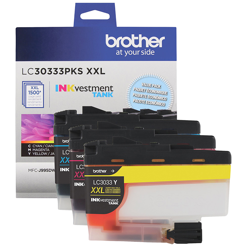 Brother LC3033 Super High Yield 3 Ink Cartridge Pack - Cyan/Magenta/Yellow - LC30333PKS