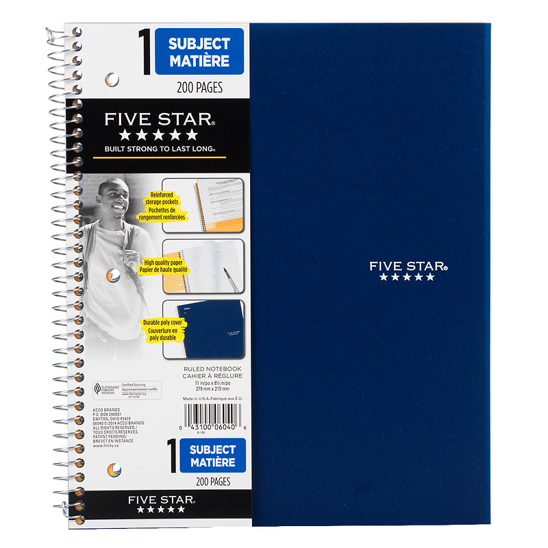 Mead Five Star One Subject Notebook - 11 x 8.5 inch - 200 pages - Assorted Colours