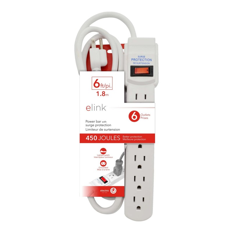 Elink 6-Socket Outlet Power Bar and Surge Protector - White - EL427