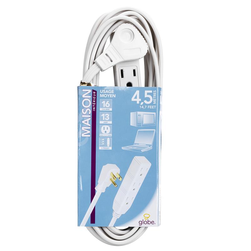 Globe 3 Outlet Extension Cord - 4.5M - White