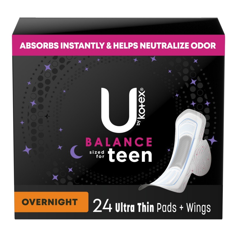 U by Kotex Balance Ultra Thin Overnight Pads with Wings - Teens/24 Count