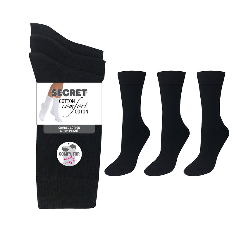 Secret Cotton Comfort Fashion Socks Crew Socks - Black - 3 pair