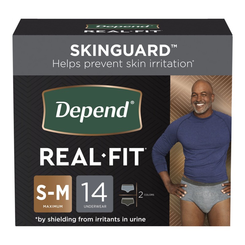 Depend Real Fit Adult Incontinence Underwear for Men, Maximum Absorbency,  Small/Medium, Black & Grey, 14 Count : : Health & Personal Care