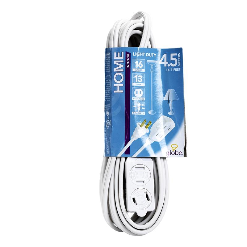 Globe 3 Outlet Extension Cord - Indoor - 4.5M - White