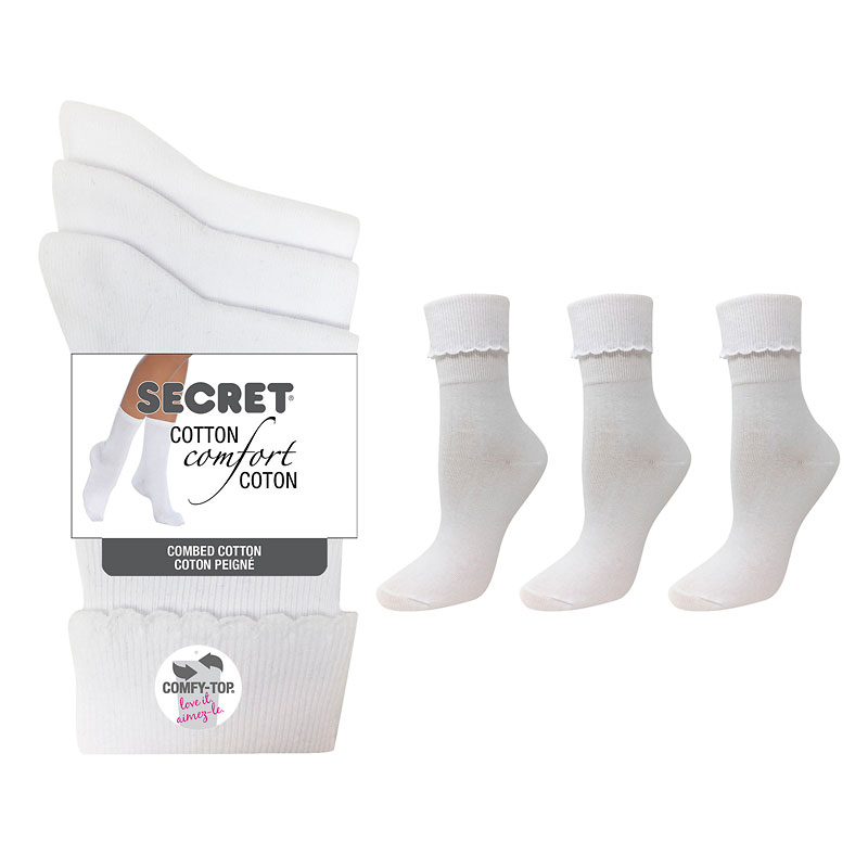 Secret Ladies Cotton/Lycra Cuff Socks - White - 3 pairs