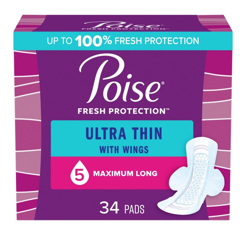 Poise Ultra Thin Long Length Incontinence & Postpartum Pads With Wings - Maxium Absorbency - 34 Count