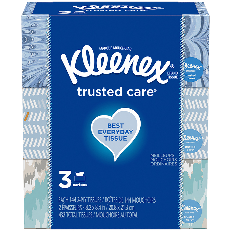 Flat Box 432 Tissues Total Kleenex Trusted Care Everyday Facial Tissues 144 Tissues per Box 3 Pack 