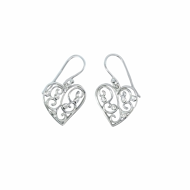 Silver Worx Dancing Filigree Heart Drop Earrings with Diamond Cut Accents - Sterling Silver