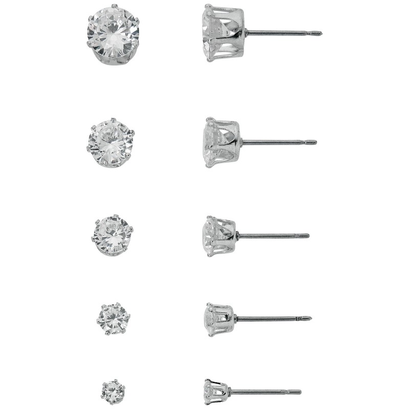 Primavera Brilliant Cut Cubic Zirconia Stud Earring Set - Silver - 5 Pairs