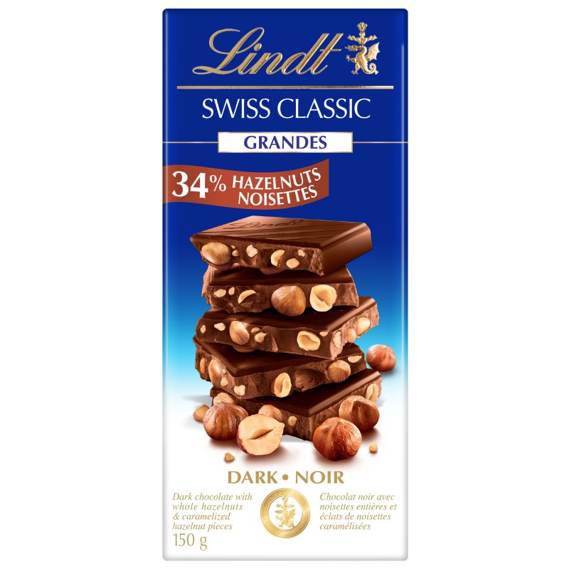 Lindt Swiss Classic Grandes Dark Chocolate Bar - 34% Hazelnuts - 150g