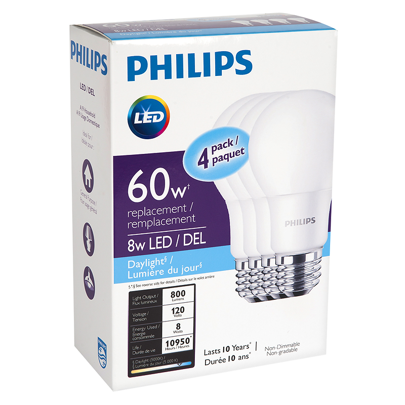 Philips Basic D/Lite A19 LE - Daylight - 8W/4pk