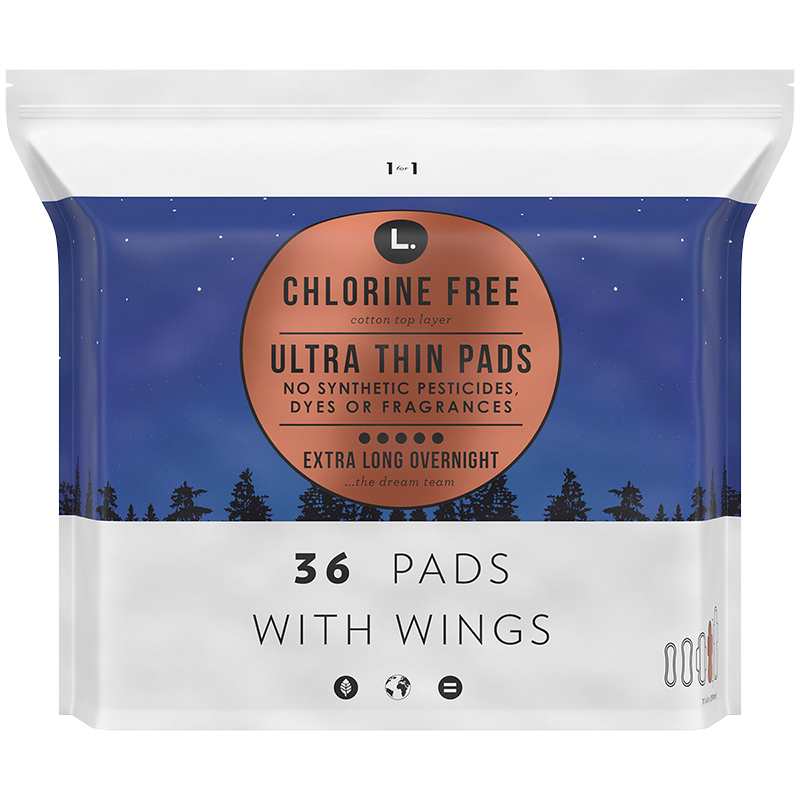 L. Chlorine Free Ultra Thin Pads with Wings Overnight - Extra Long - 36s