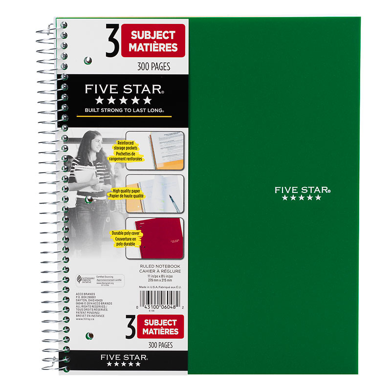Mead Five Star Three Subject Notebook - Assorted - 11 x 8.5 inch - 300 pages
